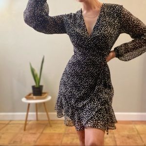 BLACK AND WHITE POLKA DOT WRAP DRESS